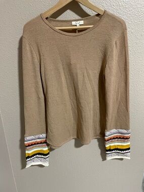 easel Tan Long Sleeve Top with Colorful Patterned Cuffs NEW
